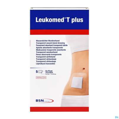 Sie sehen eine Packung Wundverband Leukomed T Plus Folienverband/+auflage Steril 8x15cm 5st, Produktbild: 03 Wundverband Leukomed T Plus Folienverband/+auflage Steril 8x15cm 5st, A-Nr.: 3091144 - 03