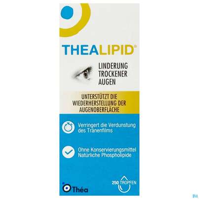 Sie sehen eine Packung Augentropfen Thealipid Lipidhaltig Konser- Vierungsmittelfrei 10ml, Produktbild: 01 Augentropfen Thealipid Lipidhaltig Konser- Vierungsmittelfrei 10ml, A-Nr.: 5564960 - 01