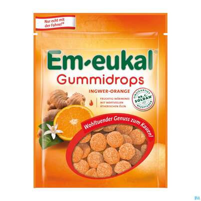 Sie sehen eine Packung Em-eukal Gummidrops Zuckerhaltig Ingwer Orange 90g, Produktbild: 01 Em-eukal Gummidrops Zuckerhaltig Ingwer Orange 90g, A-Nr.: 4335269 - 01