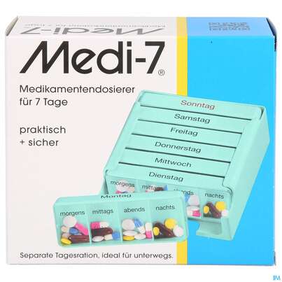 Sie sehen eine Packung Medikamentendosierer Medi-7 -pharmag 1 Woche Tuerkis 1st, Produktbild: 01 Medikamentendosierer Medi-7 -pharmag 1 Woche Tuerkis 1st, A-Nr.: 3742647 - 01