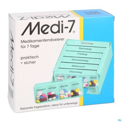 Sie sehen eine Packung Medikamentendosierer Medi-7 -pharmag 1 Woche Tuerkis 1st, Produktbild: 03 Medikamentendosierer Medi-7 -pharmag 1 Woche Tuerkis 1st, A-Nr.: 3742647 - 03