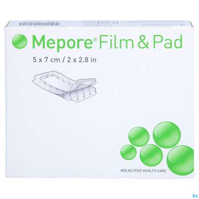 Sie sehen eine Packung Mepore/film +pad/pharm 5x 7cm 5st, Produktbild: 01 Mepore/film +pad/pharm 5x 7cm 5st, A-Nr.: 3743782 - 01