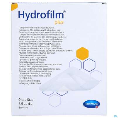 Sie sehen eine Packung Wundverband Hydrofilm/plus 9x 10cm 5st, Produktbild: 01 Wundverband Hydrofilm/plus 9x 10cm 5st, A-Nr.: 3697208 - 01