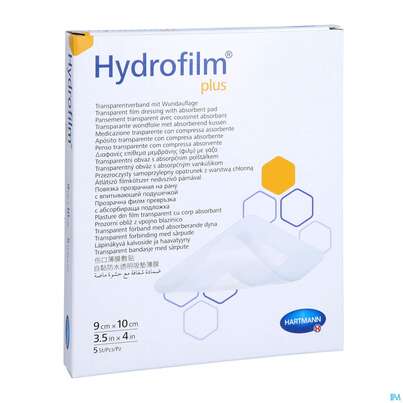 Sie sehen eine Packung Wundverband Hydrofilm/plus 9x 10cm 5st, Produktbild: 03 Wundverband Hydrofilm/plus 9x 10cm 5st, A-Nr.: 3697208 - 03