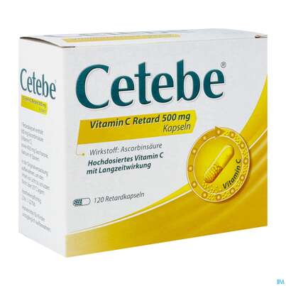 Sie sehen eine Packung Cetebe Vitamin C -retard Kapseln 500mg 120st, Produktbild: 02 Cetebe Vitamin C -retard Kapseln 500mg 120st, A-Nr.: 2432301 - 02