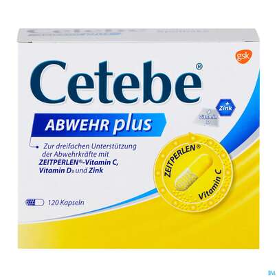 Sie sehen eine Packung Cetebe Abwehr Plus Kapseln 120st, Produktbild: 06 Cetebe Abwehr Plus Kapseln 120st, A-Nr.: 4171106 - 06