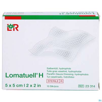 Sie sehen eine Packung Salbenverband Lomatuell-h 5x 5cm 10st, Produktbild: 01 Salbenverband Lomatuell-h 5x 5cm 10st, A-Nr.: 2029054 - 01