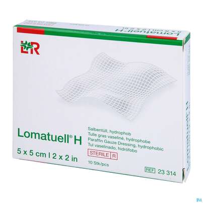Sie sehen eine Packung Salbenverband Lomatuell-h 5x 5cm 10st, Produktbild: 02 Salbenverband Lomatuell-h 5x 5cm 10st, A-Nr.: 2029054 - 02