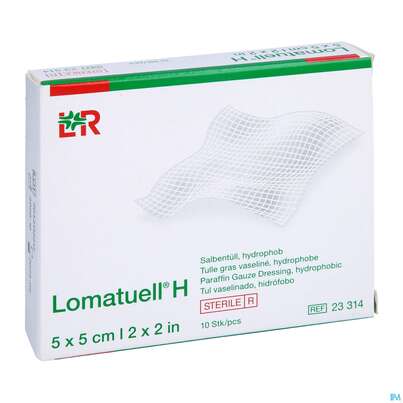 Sie sehen eine Packung Salbenverband Lomatuell-h 5x 5cm 10st, Produktbild: 03 Salbenverband Lomatuell-h 5x 5cm 10st, A-Nr.: 2029054 - 03