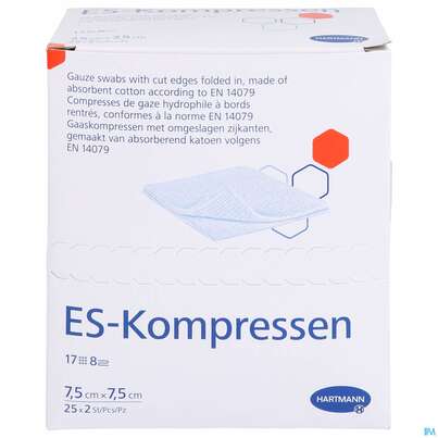 Sie sehen eine Packung Mullkompressen-es Hartmann/steril 8fach 17faedig 7,5x 7,5cm 25x2 50st, Produktbild: 01 Mullkompressen-es Hartmann/steril 8fach 17faedig 7,5x 7,5cm 25x2 50st, A-Nr.: 1152858 - 01