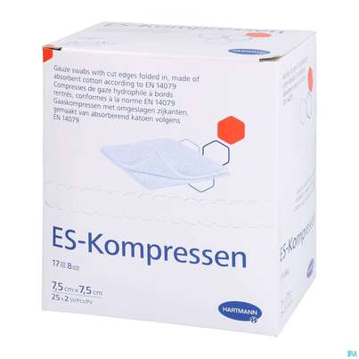 Sie sehen eine Packung Mullkompressen-es Hartmann/steril 8fach 17faedig 7,5x 7,5cm 25x2 50st, Produktbild: 02 Mullkompressen-es Hartmann/steril 8fach 17faedig 7,5x 7,5cm 25x2 50st, A-Nr.: 1152858 - 02