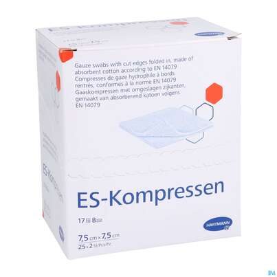 Sie sehen eine Packung Mullkompressen-es Hartmann/steril 8fach 17faedig 7,5x 7,5cm 25x2 50st, Produktbild: 03 Mullkompressen-es Hartmann/steril 8fach 17faedig 7,5x 7,5cm 25x2 50st, A-Nr.: 1152858 - 03