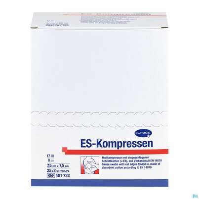 Sie sehen eine Packung Mullkompressen-es Hartmann/steril 8fach 17faedig 7,5x 7,5cm 25x2 50st, Produktbild: 04 Mullkompressen-es Hartmann/steril 8fach 17faedig 7,5x 7,5cm 25x2 50st, A-Nr.: 1152858 - 04