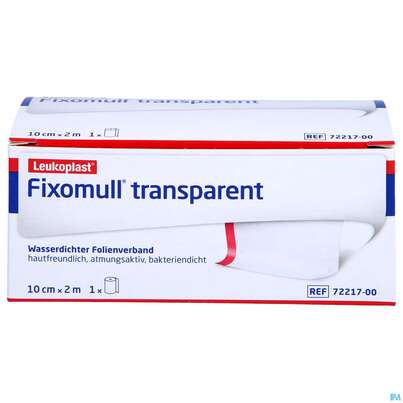 Sie sehen eine Packung Fixierbinden Fixomull Transparent Fixierverband Wasserfest 2mx10cm 1st, Produktbild: 01 Fixierbinden Fixomull Transparent Fixierverband Wasserfest 2mx10cm 1st, A-Nr.: 3048214 - 01