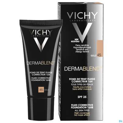 Sie sehen eine Packung Vichy Dermablend Make-up 45 Gold 30ml, Produktbild: 13 Vichy Dermablend Make-up 45 Gold 30ml, A-Nr.: 3044647 - 13