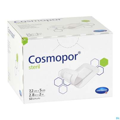 Sie sehen eine Packung Wundverband Cosmopor Steril Selbstklebend 5x 7,2cm 50st, Produktbild: 03 Wundverband Cosmopor Steril Selbstklebend 5x 7,2cm 50st, A-Nr.: 1526052 - 03
