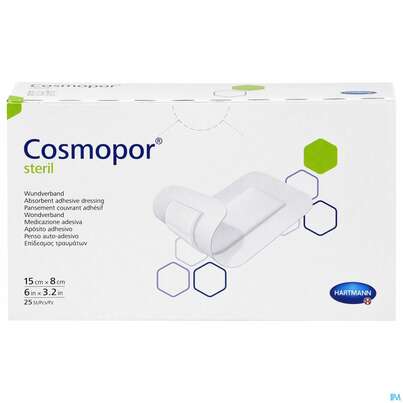 Sie sehen eine Packung Wundverband Cosmopor Steril Selbstklebend 15x 8cm 25st, Produktbild: 01 Wundverband Cosmopor Steril Selbstklebend 15x 8cm 25st, A-Nr.: 1526098 - 01