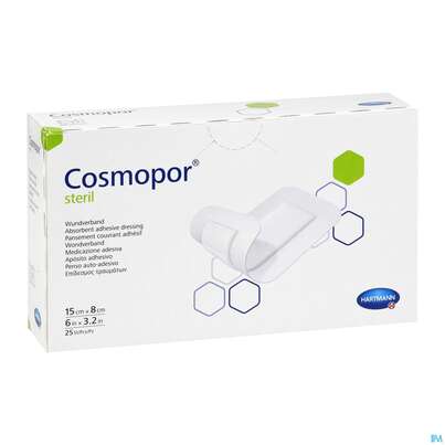 Sie sehen eine Packung Wundverband Cosmopor Steril Selbstklebend 15x 8cm 25st, Produktbild: 02 Wundverband Cosmopor Steril Selbstklebend 15x 8cm 25st, A-Nr.: 1526098 - 02