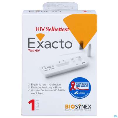 Sie sehen eine Packung Diagnostika U.zubehoer Selbsttest Exacto Hiv 1st, Produktbild: 01 Diagnostika U.zubehoer Selbsttest Exacto Hiv 1st, A-Nr.: 4942087 - 01