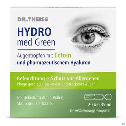 Sie sehen eine Packung Augentropfen Dr.theiss Hydro Med Green +ectoin/0,35ml 20st, Produktbild: 03 Augentropfen Dr.theiss Hydro Med Green +ectoin/0,35ml 20st, A-Nr.: 5733701 - 03