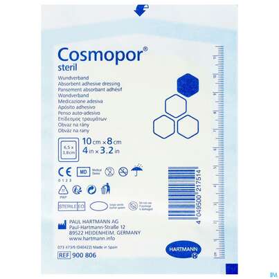 Sie sehen eine Packung Wundverband Cosmopor Steril Selbstklebend 10x 8cm 1st, Produktbild: 01 Wundverband Cosmopor Steril Selbstklebend 10x 8cm 1st, A-Nr.: 3012802 - 01
