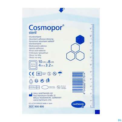 Sie sehen eine Packung Wundverband Cosmopor Steril Selbstklebend 10x 8cm 1st, Produktbild: 02 Wundverband Cosmopor Steril Selbstklebend 10x 8cm 1st, A-Nr.: 3012802 - 02