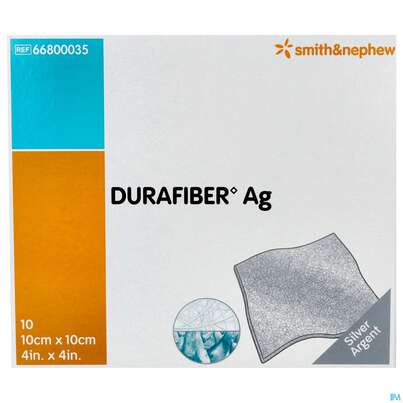 Sie sehen eine Packung Wundverband Durafiber/ag Antimikrobiell 10x10cm 66800 10st, Produktbild: 02 Wundverband Durafiber/ag Antimikrobiell 10x10cm 66800 10st, A-Nr.: 3815889 - 02