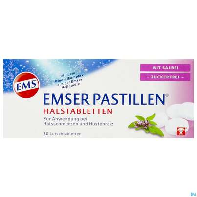 Sie sehen eine Packung Emser Pastillen Zuckerfrei Salbei 30st, Produktbild: 01 Emser Pastillen Zuckerfrei Salbei 30st, A-Nr.: 4109372 - 01