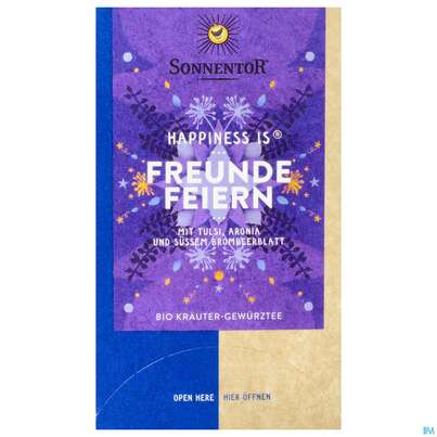 Sie sehen eine Packung Sonnentor Tee/bio Happiness Is Tee Freunde Feiern 02593 18st, Produktbild: 01 Sonnentor Tee/bio Happiness Is Tee Freunde Feiern 02593 18st, A-Nr.: 4899227 - 01