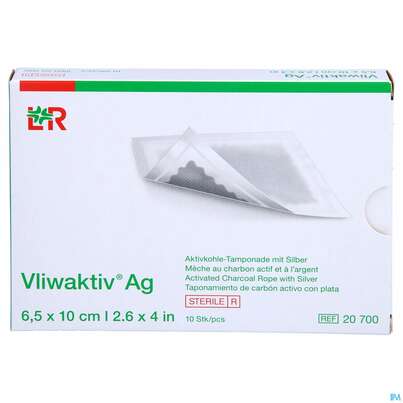 Sie sehen eine Packung Wundverband Vliwaktiv/ag Aktivkohle Tamponade +silber 6,5x 10cm 10st, Produktbild: 01 Wundverband Vliwaktiv/ag Aktivkohle Tamponade +silber 6,5x 10cm 10st, A-Nr.: 3073353 - 01