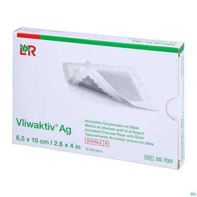 Sie sehen eine Packung Wundverband Vliwaktiv/ag Aktivkohle Tamponade +silber 6,5x 10cm 10st, Produktbild: 02 Wundverband Vliwaktiv/ag Aktivkohle Tamponade +silber 6,5x 10cm 10st, A-Nr.: 3073353 - 02