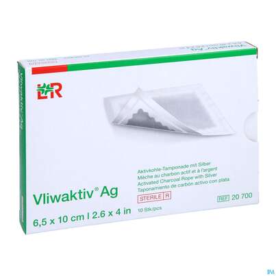 Sie sehen eine Packung Wundverband Vliwaktiv/ag Aktivkohle Tamponade +silber 6,5x 10cm 10st, Produktbild: 03 Wundverband Vliwaktiv/ag Aktivkohle Tamponade +silber 6,5x 10cm 10st, A-Nr.: 3073353 - 03