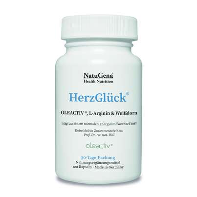 Sie sehen eine Packung NatuGena HerzGlück Kapseln, Produktbild: 01 NatuGena HerzGlück Kapseln, A-Nr.: 5877618 - 01