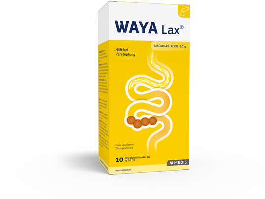 Sie sehen eine Packung WAYA Lax 10 Einzeldosisbeuteln, Produktbild: 02 WAYA Lax 10 Einzeldosisbeuteln, A-Nr.: 5885279 - 02