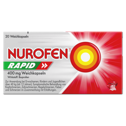 Sie sehen eine Packung Nurofen Rapid 400 mg Weichkapseln, Produktbild: 01 Nurofen Rapid 400 mg Weichkapseln, A-Nr.: 3932075 - 01