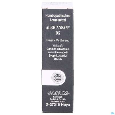 Sie sehen eine Packung Albicansan D 5 Tropfen 10ml, Produktbild: 01 Albicansan D 5 Tropfen 10ml, A-Nr.: 2157438 - 01