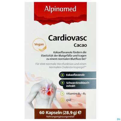 Sie sehen eine Packung Alpinamed Cardiovasc Cacao Kapseln 60st, Produktbild: 01 Alpinamed Cardiovasc Cacao Kapseln 60st, A-Nr.: 5761778 - 01