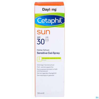 Sie sehen eine Packung Sonnenprodukte Cetaphil Sun Daylong Sensitive/gel Spray Sfp30 150ml, Produktbild: 01 Sonnenprodukte Cetaphil Sun Daylong Sensitive/gel Spray Sfp30 150ml, A-Nr.: 5129721 - 01