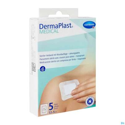 Sie sehen eine Packung Wundpflaster Dermaplast/medical Selbstklebend Steril Atmungsaktiv 7,2x 5cm 5st, Produktbild: 02 Wundpflaster Dermaplast/medical Selbstklebend Steril Atmungsaktiv 7,2x 5cm 5st, A-Nr.: 4489535 - 02