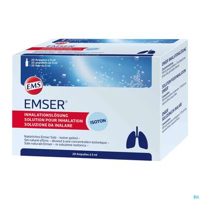 Sie sehen eine Packung Emser Inhalationslösung Isoton Ampullen/sachet 20st, Produktbild: 02 Emser Inhalationslösung Isoton Ampullen/sachet 20st, A-Nr.: 3072483 - 02