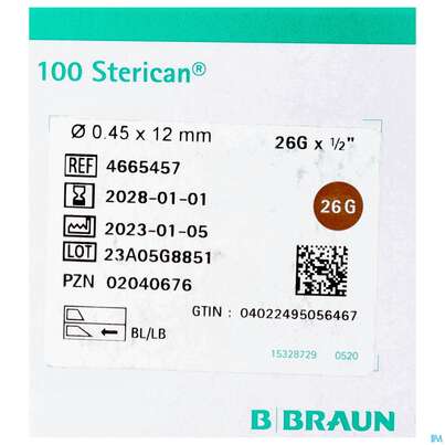 Sie sehen eine Packung Injektionsspritzen U.zubeh. Insulin/einmalkanuelen Sterican G26x 1/2 0,45x12mm 46654 100st, Produktbild: 01 Injektionsspritzen U.zubeh. Insulin/einmalkanuelen Sterican G26x 1/2 0,45x12mm 46654 100st, A-Nr.: 3048556 - 01
