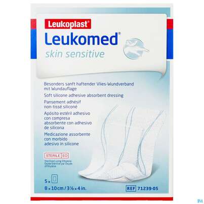 Sie sehen eine Packung Wundverband Leukomed/skin Sensitive Vliesverband +auflage Steril 8x10cm 5st, Produktbild: 02 Wundverband Leukomed/skin Sensitive Vliesverband +auflage Steril 8x10cm 5st, A-Nr.: 5609007 - 02