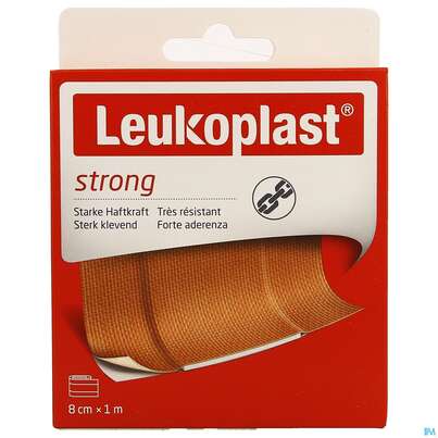 Sie sehen eine Packung Wundpflaster Leukoplast/strong 1mx 8cm 7322009 1st, Produktbild: 01 Wundpflaster Leukoplast/strong 1mx 8cm 7322009 1st, A-Nr.: 4369044 - 01
