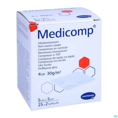 Sie sehen eine Packung Kompressen Medicomp Vliesstoff 4fach Steril 5x 5cm 25x2 50st, Produktbild: 05 Kompressen Medicomp Vliesstoff 4fach Steril 5x 5cm 25x2 50st, A-Nr.: 1651981 - 05