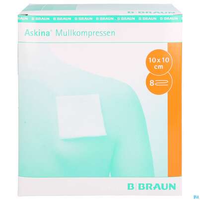 Sie sehen eine Packung Mullkompressen Askina 8fach Steril 10x 10cm 25x2 50st, Produktbild: 01 Mullkompressen Askina 8fach Steril 10x 10cm 25x2 50st, A-Nr.: 1778960 - 01