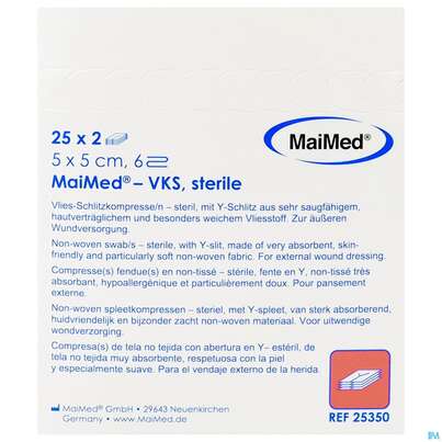Sie sehen eine Packung Schlitzkompressen Porod 6fach Steril 5x 5cm Nr.25350 25x2 50st, Produktbild: 01 Schlitzkompressen Porod 6fach Steril 5x 5cm Nr.25350 25x2 50st, A-Nr.: 4779055 - 01