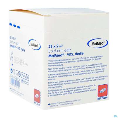 Sie sehen eine Packung Schlitzkompressen Porod 6fach Steril 5x 5cm Nr.25350 25x2 50st, Produktbild: 02 Schlitzkompressen Porod 6fach Steril 5x 5cm Nr.25350 25x2 50st, A-Nr.: 4779055 - 02