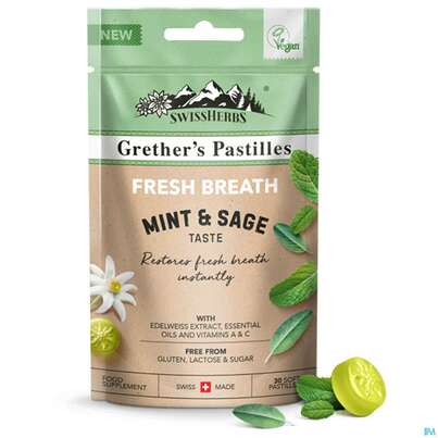 Sie sehen eine Packung Swissherbs Grether’s Pastilles Fresh Breath Zuckerfrei 45g, Produktbild: 01 Swissherbs Grether’s Pastilles Fresh Breath Zuckerfrei 45g, A-Nr.: 5384749 - 01