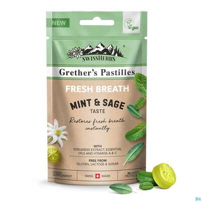 Sie sehen eine Packung Swissherbs Grether’s Pastilles Fresh Breath Zuckerfrei 45g, Produktbild: 02 Swissherbs Grether’s Pastilles Fresh Breath Zuckerfrei 45g, A-Nr.: 5384749 - 02