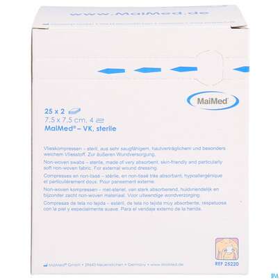 Sie sehen eine Packung Vlieskompressen 4fach Steril 7,5x 7,5cm 2x25 50st, Produktbild: 01 Vlieskompressen 4fach Steril 7,5x 7,5cm 2x25 50st, A-Nr.: 4772283 - 01